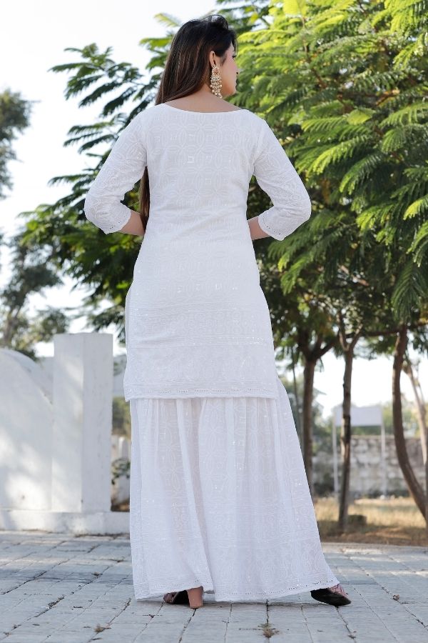 Blue Tropical Print Modal Rayon Kurti with White Chikankari Full Lining  Cotton Palazzo | Indian kurti designs, Designs for dresses, Designer  dresses indian